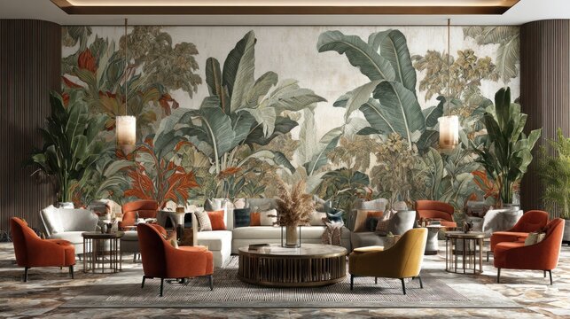 Luxurious interior lounge area features a dramatic jungle botanical mural as the main focal point