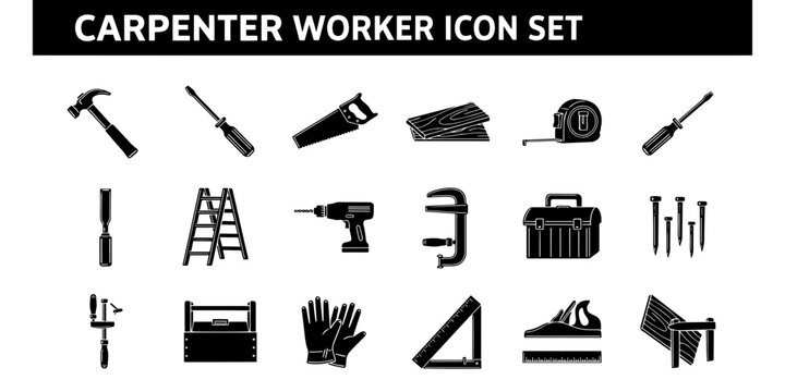 A Professional and Informational Minimalist Carpenter Worker Icon Set Showcasing Essential Tools and Equipment for Construction and DIY Projects