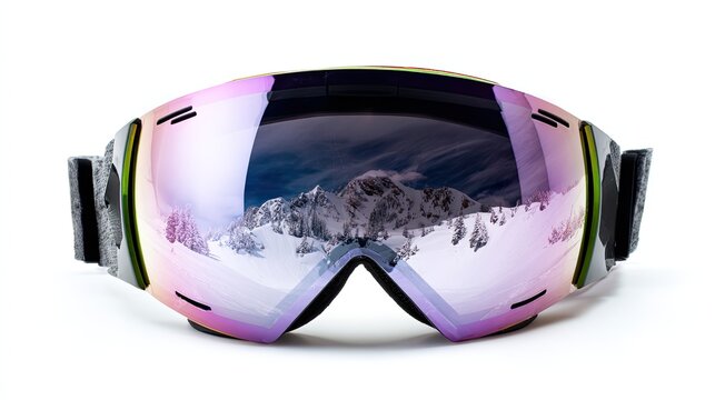 White Background Front View Frameless Ski Goggles Mountain Resort in Reflection Winter Sports Equipment Minimal Product Display