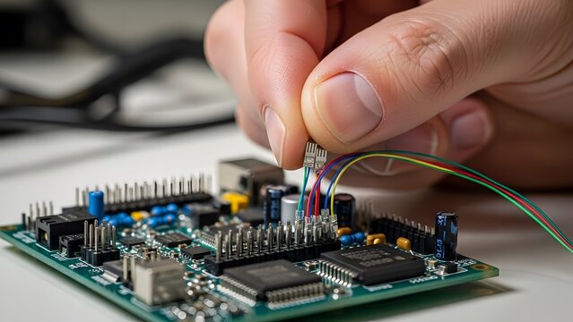 Close up of a technician assembling a custom printed circuit board.