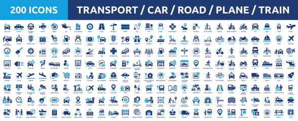 Huge set of 200 solid icons. Mega collection concept of transport, vehicle, car, logistics and shipping. Vector illustration.
