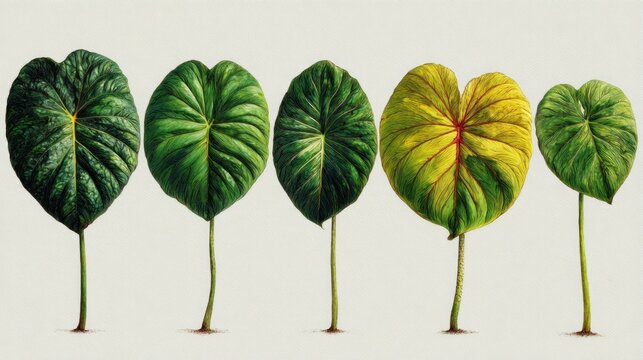 Progression of five heart shaped botanical specimens displayed side by side on a light background