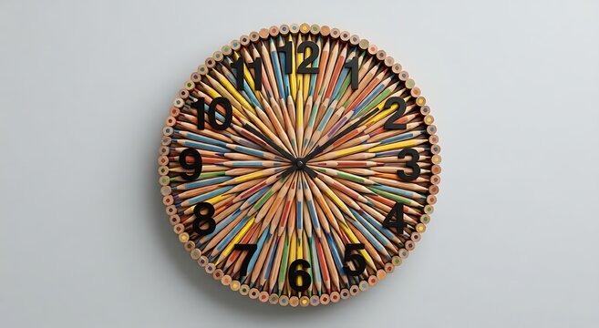 Creative 3D wall clock made of sharpened colored pencils with bold black numbers.