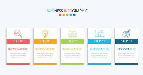 Fototapeta premium Business infographic template - 5 steps colorful paper banner with icons. Process strategy timeline and workflow presentation vector design.