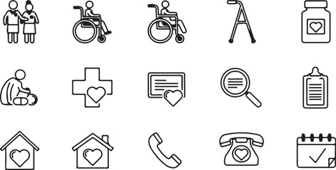 Fototapeta premium Set of healthcare and medical icons representing patient care, assistance, and well-being, featuring symbols for support, health, and home
