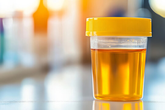 selective focus clinical laboratory urine specimen cup with amber sample fluid and sterile diagnostic environment lighting