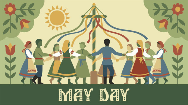 May Day celebration with diverse people dancing around a traditional maypole