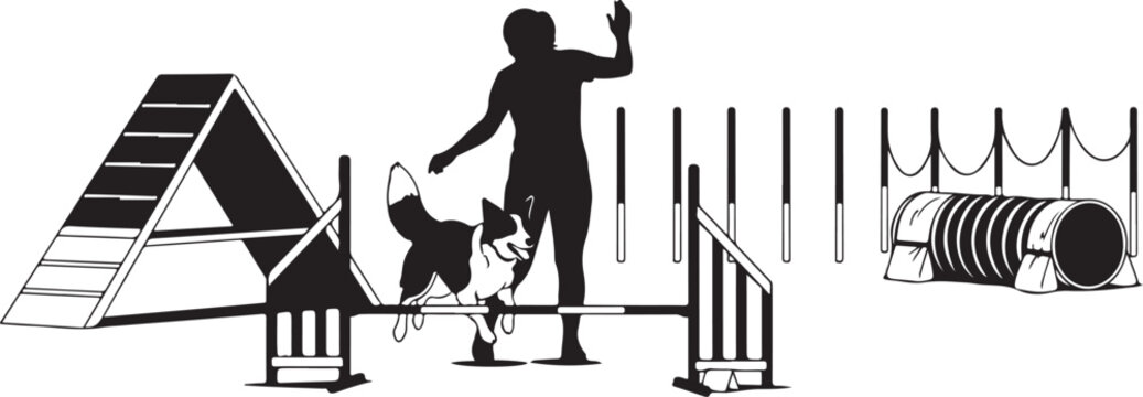 Dog jumping over hurdle with handler at agility course obstacle