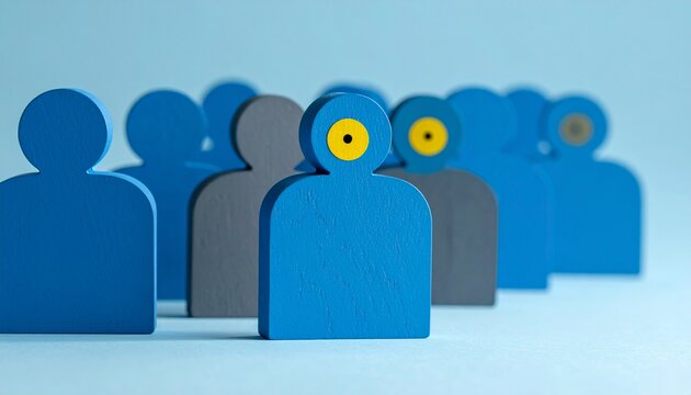 A single distinct figure stands out from a group of muted figures, symbolizing individuality and uniqueness in a crowd