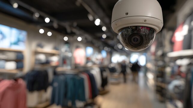 Security camera monitoring retail store interior, focus on camera