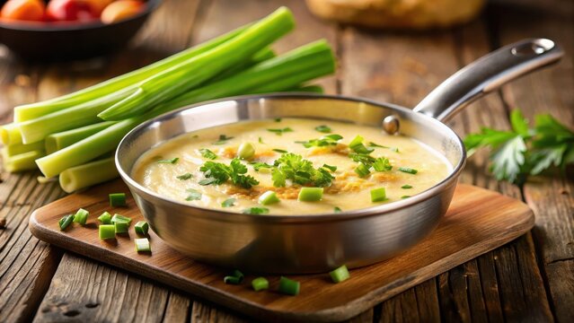 A photo of a warm and melty slice of cheese dip in a stainless steel skillet with crisp celery slices on top