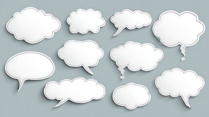 Fototapeta premium Collection of blank white speech bubbles and thought clouds on a gray background