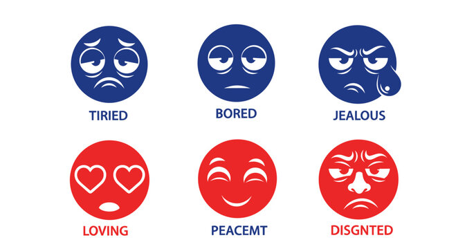 Emotions Faces Icons: Tired, Bored, Jealous, Loving, Peaceful, Disgusted
