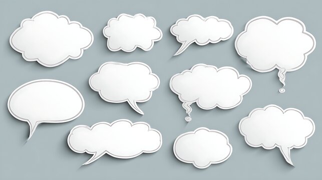 Collection of blank white speech bubbles and thought clouds on a gray background