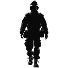 Fototapeta premium Firefighter silhouette, emergency responder, black uniform, safety gear, isolated