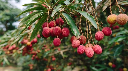 Obraz premium Clusters of Ripe Lychee Fruits Hanging on Branches of a Lychee Tree in a Sunny Orchard