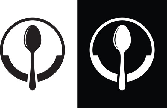 Spoon inside a circle food and culinary concept icon black and white culinary illustration restaurant nutrition appetite delicious flatware minimalist abstract contrast