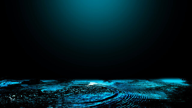 This composition captures vibrant dark blue water wave set against vast obsidian background. The sharp neon-blue highlights dance across the circular ripples creating high-contrast look that