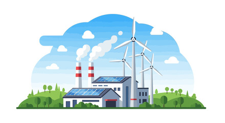Obraz premium Eco-friendly power plant with wind turbines and solar panels