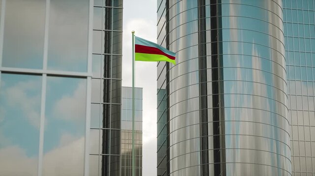South Ossetia Flag 3D Render Animation on Pole with City Buildings