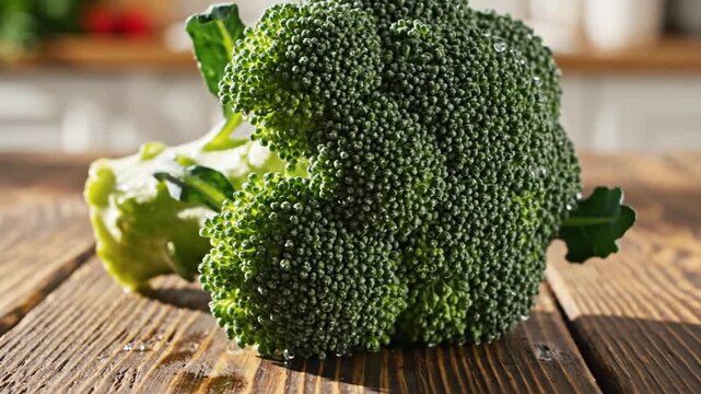 Fresh Raw Broccoli Head on Wooden Cutting Board in Domestic Kitchen