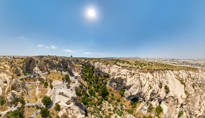 Goreme, Nevsehir, Turkey. Wide aerial panorama showcasing Goreme Open Air Museum's rock-cut structures and cave dwellings set against the dramatic Cappadocia valley backdrop. Aerial view. © Video Render