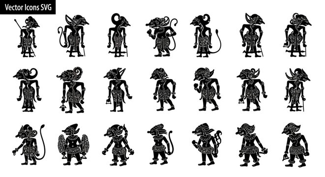 Indonesian Wayang Kulit Shadow Puppets Vector Icons Set