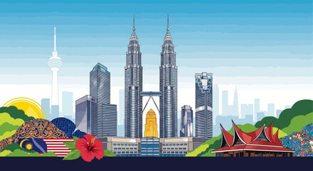 Obraz premium Kuala Lumpur Skyline Panorama with Petronas Towers, Malaysia Landmarks, Tropical Scenery