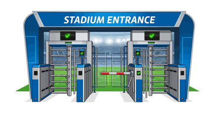Modern Stadium Entrance with Turnstiles and Soccer Field Background © Ahda