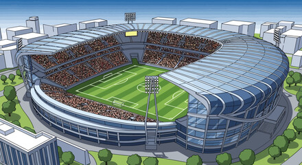 Modern Soccer Stadium with Packed Stands and Bright Lights - Aerial View © Ahda