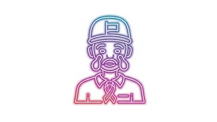 Fototapeta premium Vibrant neon outline of a crying man in a hard hat displaying a symbolic ribbon for awareness and
