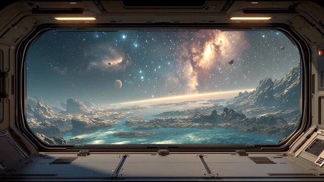 宇宙船の窓から見える幻想的な銀河の風景