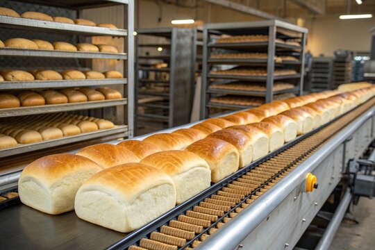 A conveyor belt with freshly baked bread on it