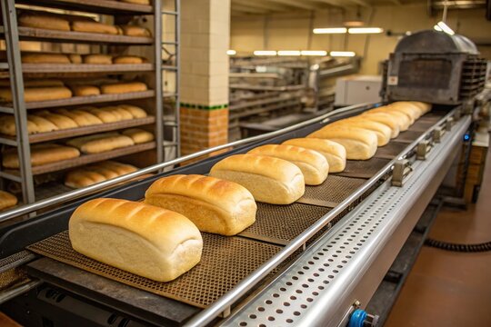 A conveyor belt with freshly baked bread on it