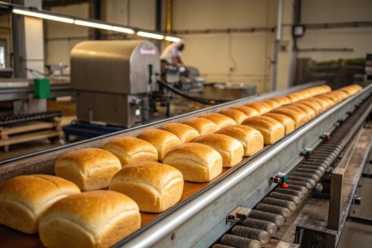 A conveyor belt with freshly baked bread on it