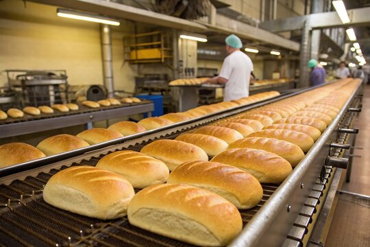 A conveyor belt with freshly baked bread on it