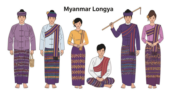 Myanmar Longyi Traditional Clothing Ethnic People Illustration