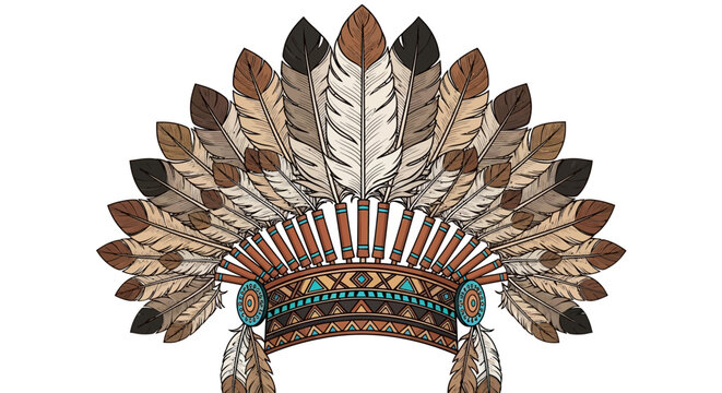 Native American Headdress with Feathers and Geometric Patterns on White Background