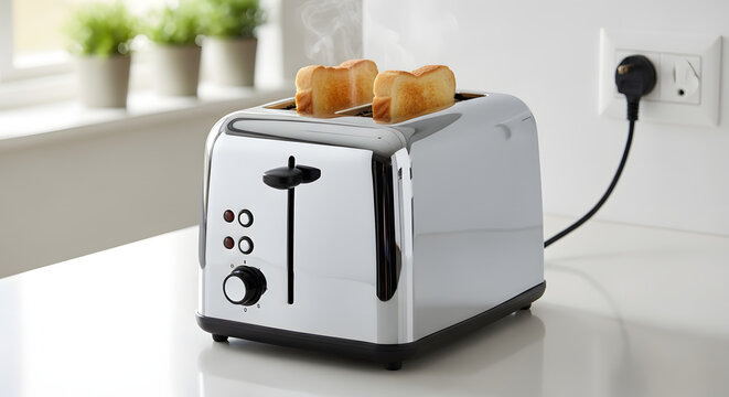Chrome toaster with two slices of bread browning and steaming inside on a kitchen counter near a window with a wall socket plugged in