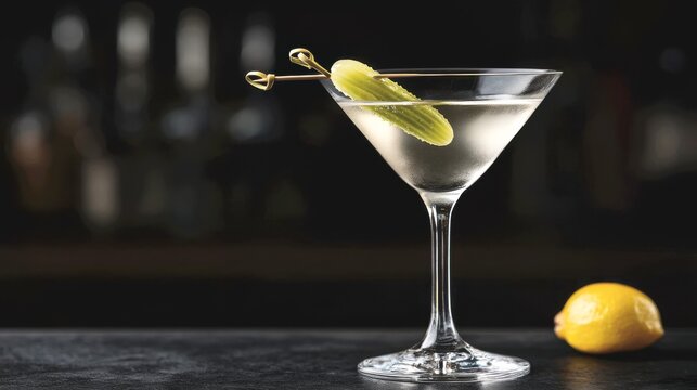 A single, perfect cornichon (small pickled gherkin) speared on a cocktail pick rests across the rim of a classic martini glass, next to a twist of lemon