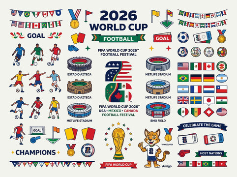 A large collection of diverse sports fans and supporters cheering with flags, banners, and various items for a football festival or World Cup event.