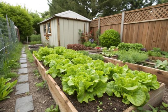 A garden with a shed and a wooden fence