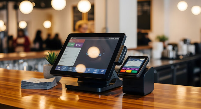 Modern point of sale system on a wooden counter in a cafe, digital payment terminal and touch screen display