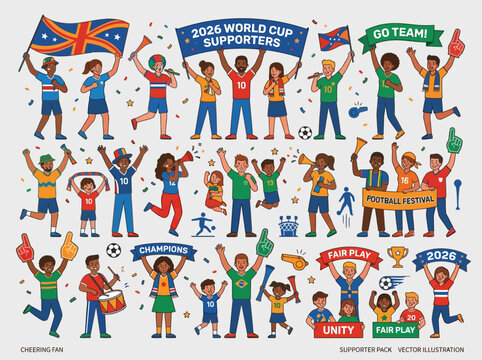 A large collection of diverse sports fans and supporters cheering with flags, banners, and various items for a football festival or World Cup event.