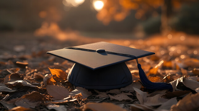 A graduation cap rests on fallen autumn leaves, symbolizing the end of an academic journey and the beginning of a new chapter