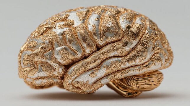 Golden brain composed of intricate micro constructions on white background, cinematic lighting with accent highlights and global illumination for scientific and futuristic concept