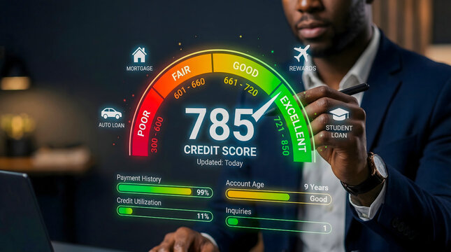 Businessman interacting with a digital holographic credit score display in a modern office workspace