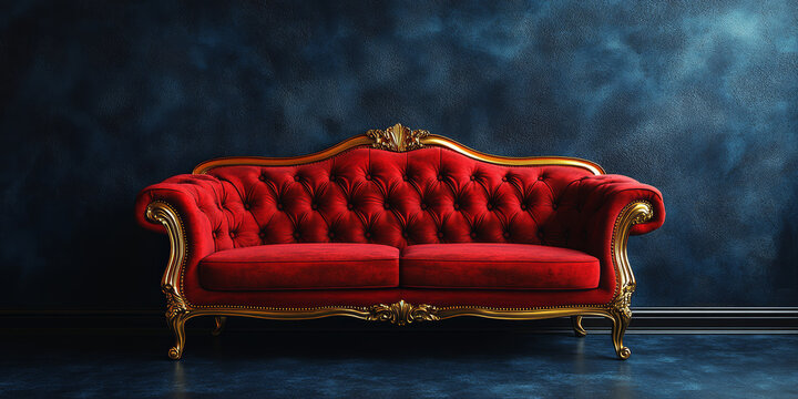 Red Velvet Sofa in royal style on a blue black background. Luxury Red Gold Couch in the dark room