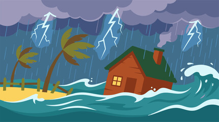 Coastal house and palm trees engulfed by floodwaters during a lightning storm © ObStock