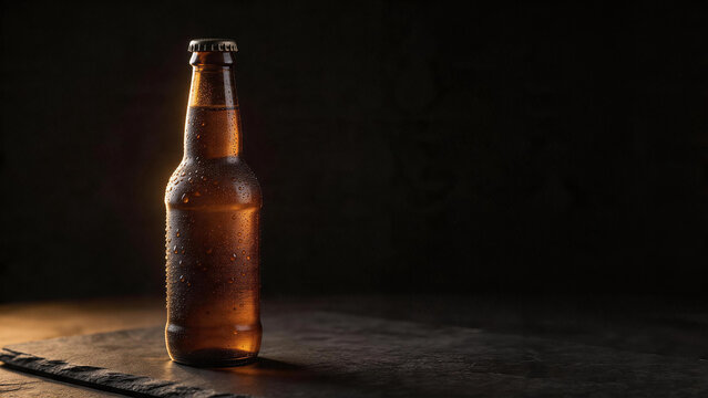 Blank dark amber glass beverage bottle covered in cold condensation drops on slate stone, moody packaging mockup.